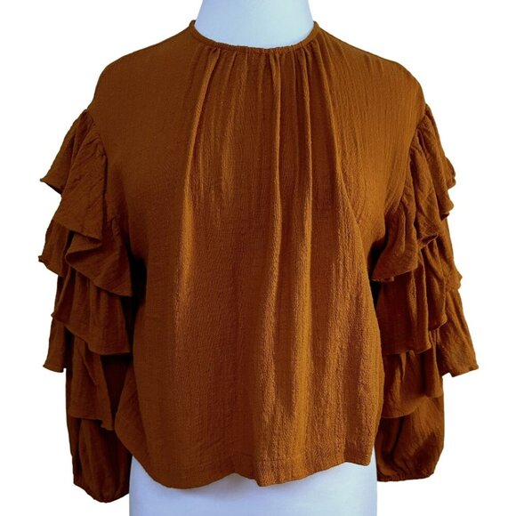 Olivaceous Rust Tired Ruffle Gypsy Sleeve 100% Cotton Gauze Top Blouse Sz S NEW - Picture 1 of 6